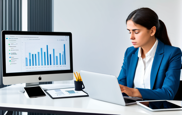 A professional person, fully clothed in modest business attire, sitting at a modern desk, looking visibly frustrated while simultaneously interacting with a laptop, a smartphone, and a tablet. Each screen displays disparate and irrelevant recommendations, symbolizing a fragmented digital experience. The office environment is contemporary and clean. The subject has perfect anatomy, correct proportions, well-formed hands, and a natural pose. Appropriate content, safe for work, professional, high quality, professional photography.