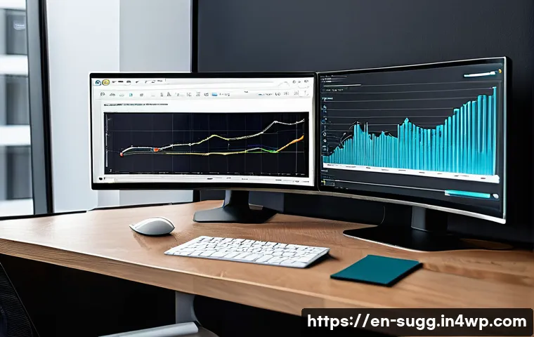 AI 추천 시스템을 위한 데이터 전처리 기법 - A modern data scientist workspace showing a large curved monitor displaying colorful graphs and char...