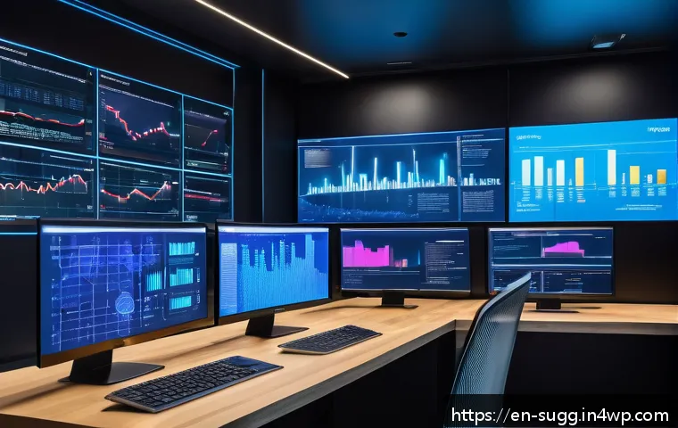 AI 추천 시스템에서의 상관관계 분석 - A modern data scientist’s workspace featuring multiple transparent digital screens displaying colorf...